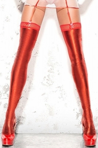 Блестящие красные чулки "Wetlook" отделка виниловая с тканевой резинкой