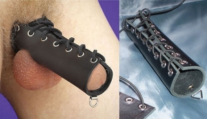 Кожаный генитальный бондаж со шнуровкой с отверстием для мошонки "Секс ателье".