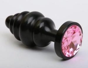 Пробка "Jewerly plugs" черная ребристая с розовым кристаллом. металл
