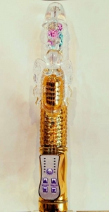 Золотой вибратор с вращающимися шариками и клиторальным стимулятором бабочкой "Devices" 